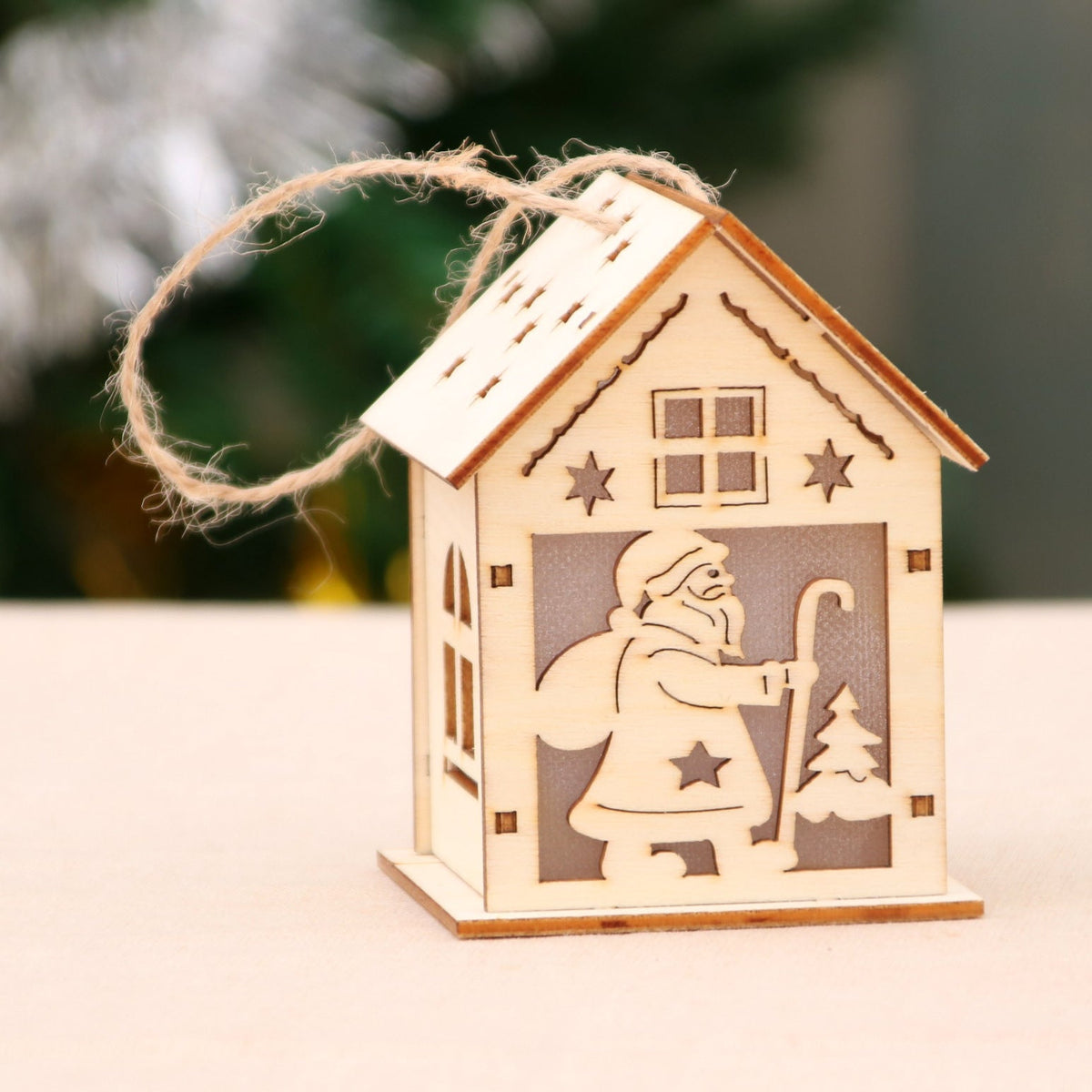 Wooden Santa House Christmas Ornament with Jute String | Laser-Cut Tree and Star Details | Rustic Hanging Decorations