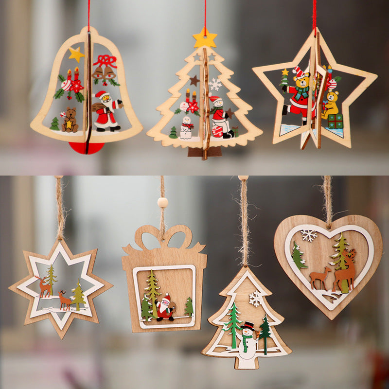 Wooden Christmas Tree Ornaments with Santa and Snowman Art | Red Ribbon for Hanging | Eight Designs for Wall or Table