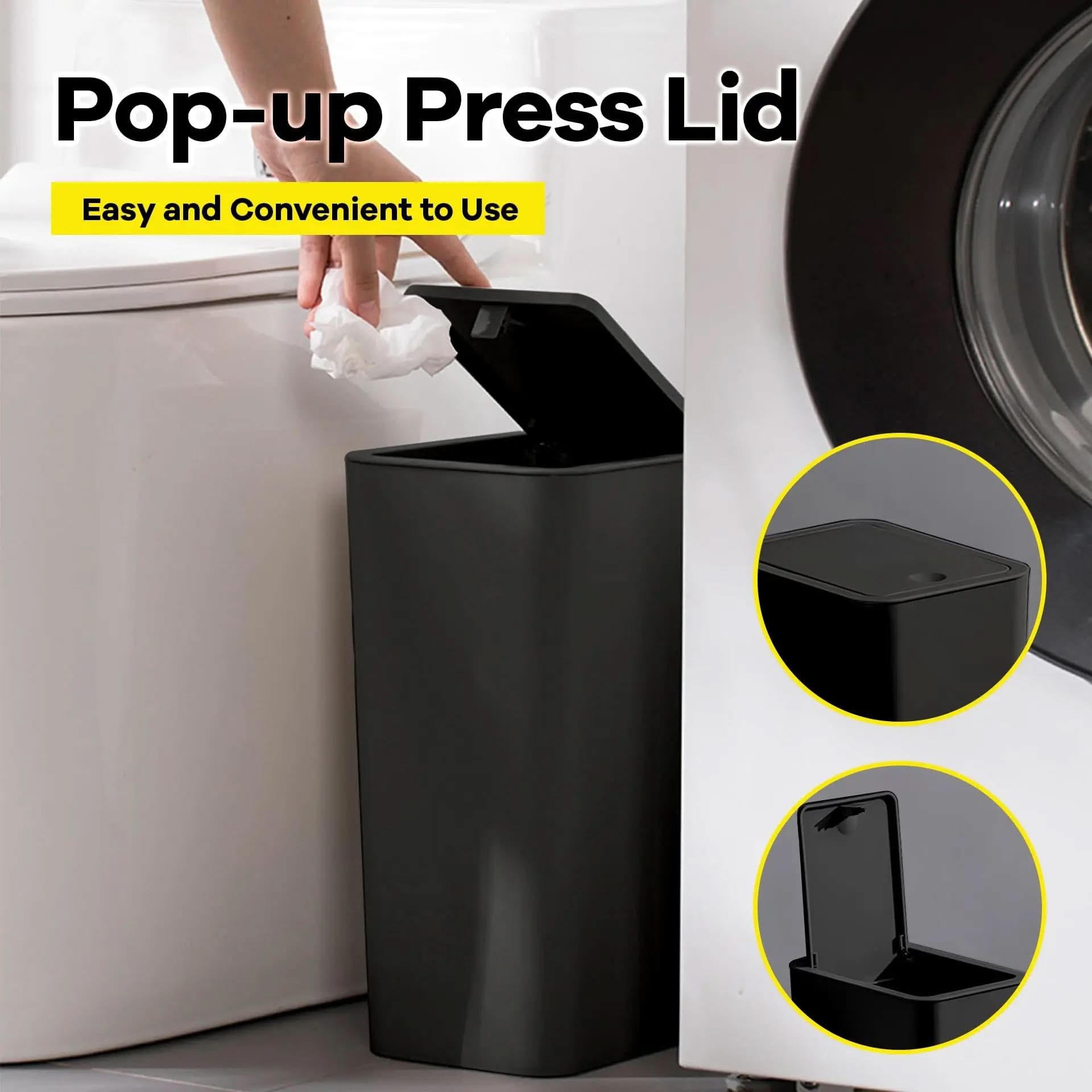 Slim Press-Top Trash Can 10L (2.6 Gal) | Durable ABS, 9.4 x 6.3 x 11.6 In | 1 or 2-Pack, 3 Colors | Odor-Sealing Lid for Any Room