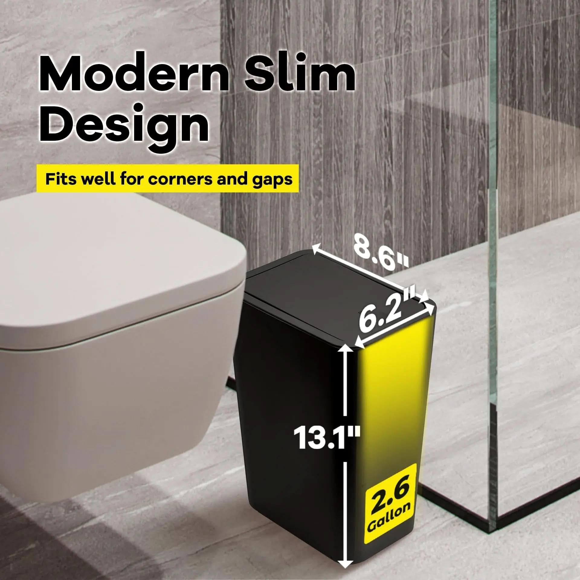 Slim Press-Top Trash Can 10L (2.6 Gal) | Durable ABS, 9.4 x 6.3 x 11.6 In | 1 or 2-Pack, 3 Colors | Odor-Sealing Lid for Any Room