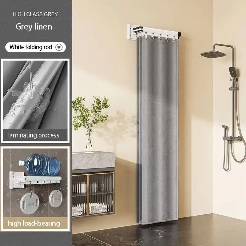 Foldable Shower Curtain Rod Partition Set | Waterproof Fabric | Gray & White Rack Options | Wet-Dry Bathroom Divider