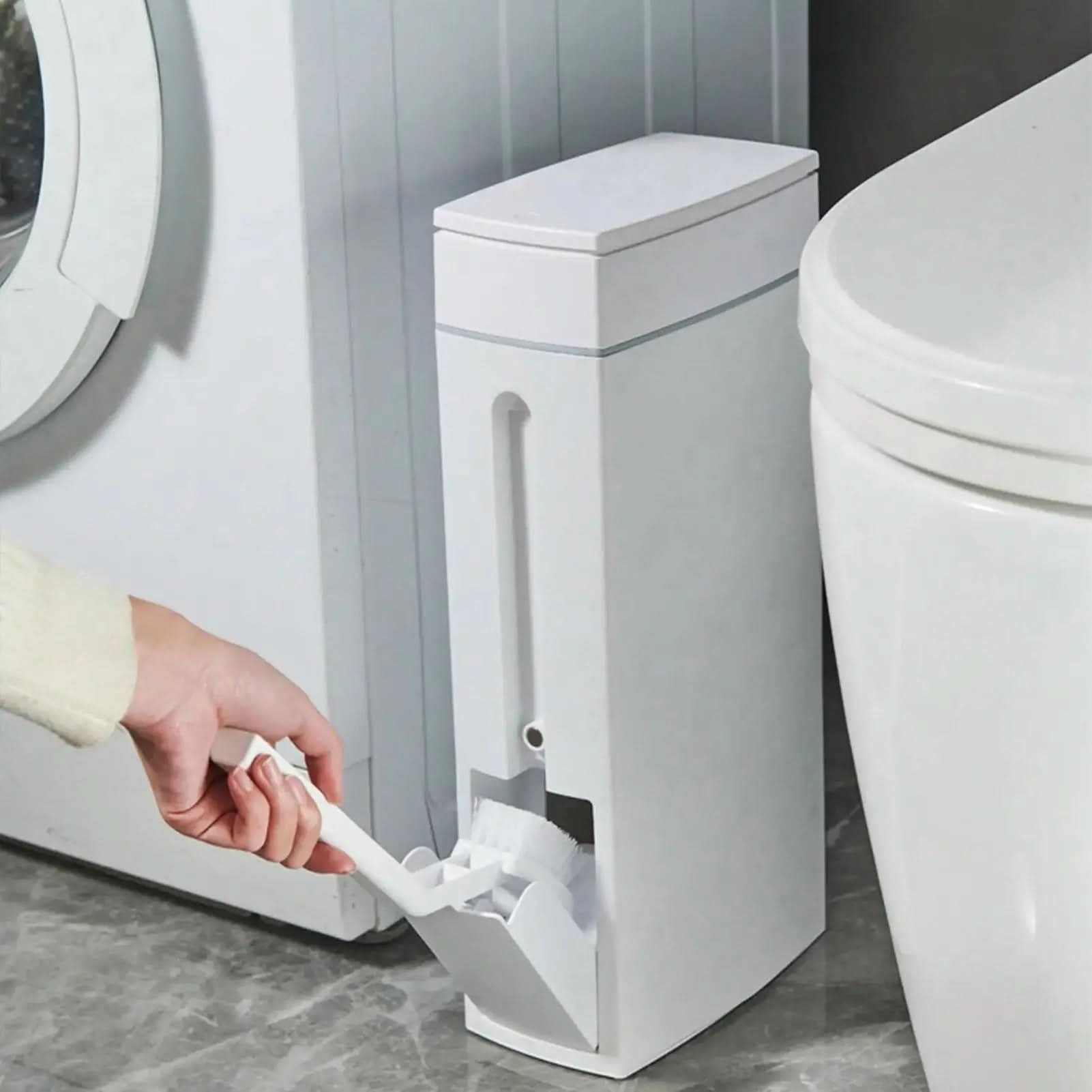 2-in-1 Slim Trash Can with Hidden Toilet Brush Holder | 1.2-Gallon Capacity | Space-Saving Bathroom Cleaning Set