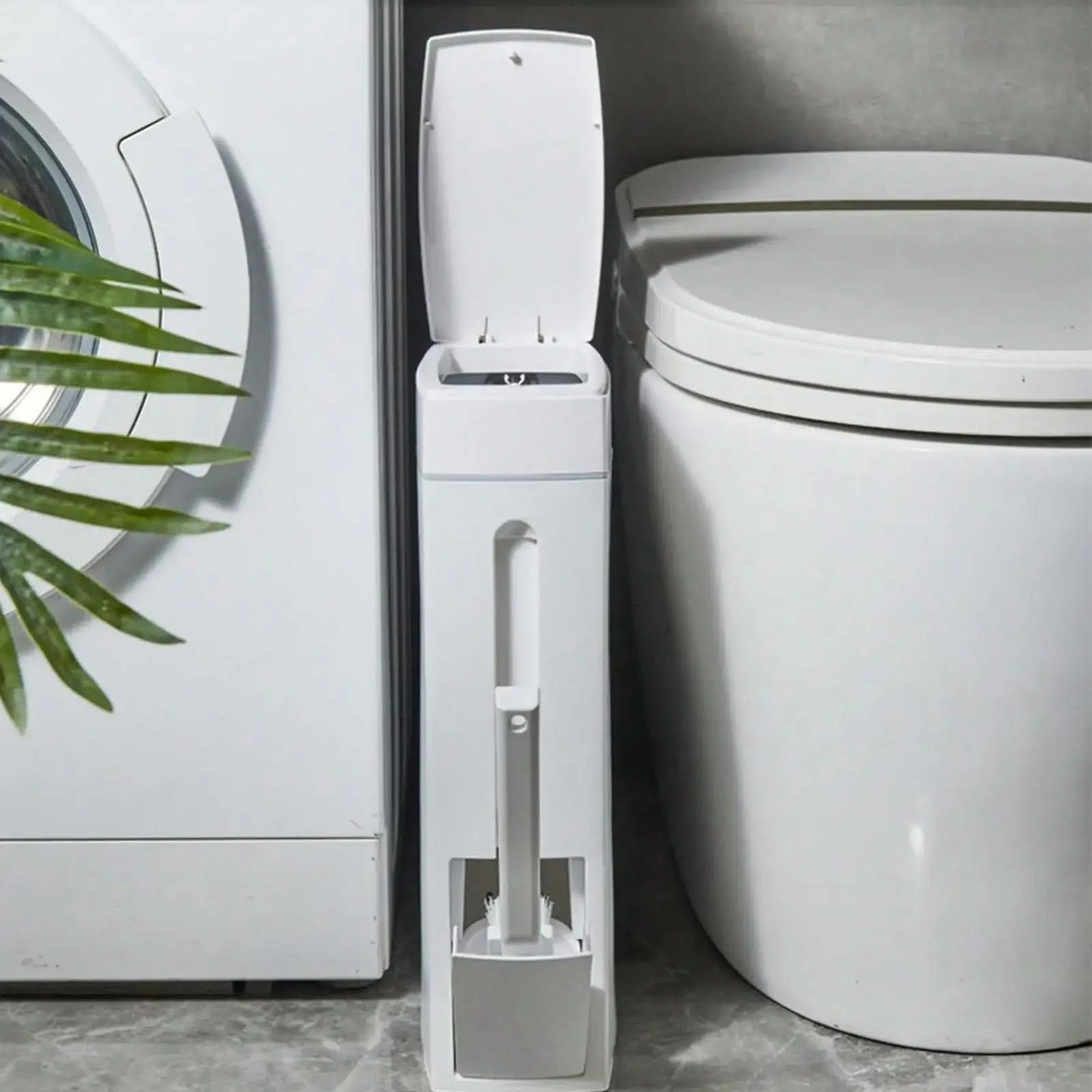 2-in-1 Slim Trash Can with Hidden Toilet Brush Holder | 1.2-Gallon Capacity | Space-Saving Bathroom Cleaning Set