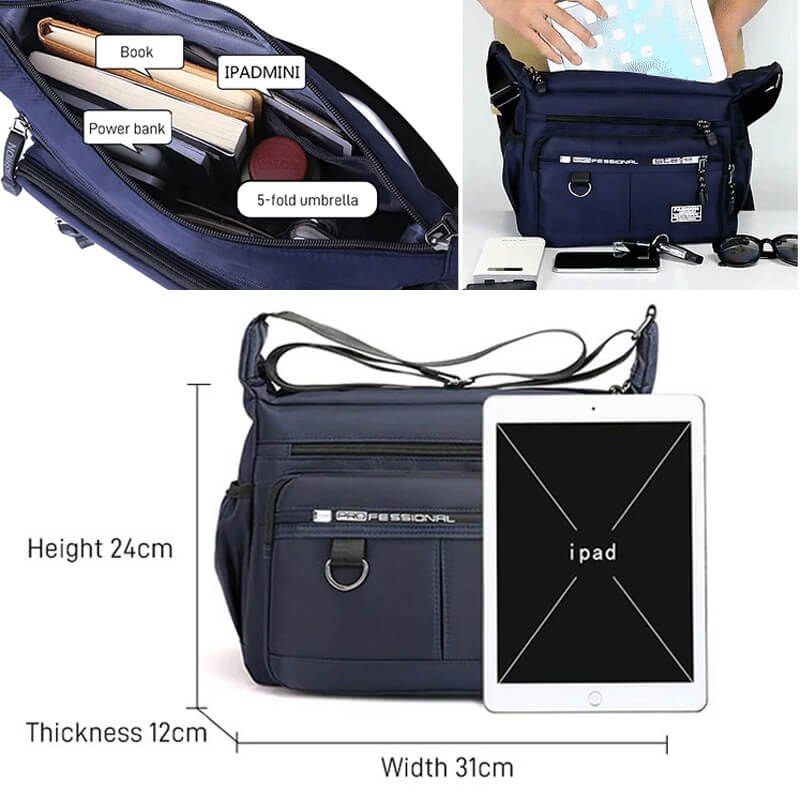 Nylon Crossbody Bag with Multiple Zip Pockets | Water-Repellent Messenger Shoulder Pack for Work, School or Travel
