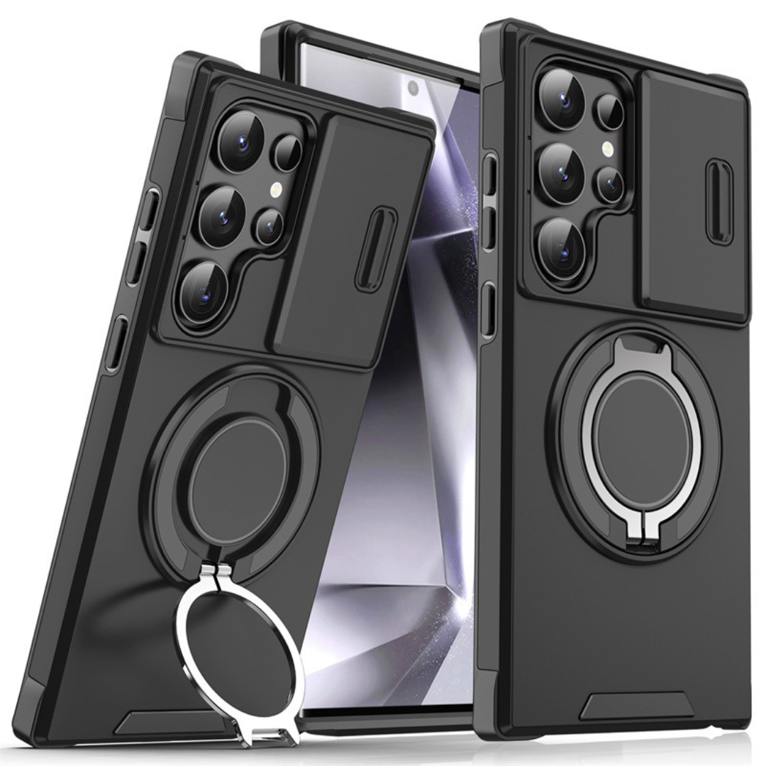 MagSafe Phone Case for Samsung Galaxy S25 Ultra and Earlier | Sliding Camera Cover with Fold-Out Ring Stand