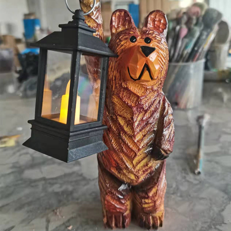 Carved Bear Garden Statue with Solar Lantern | Resin Figure That Flickers Like a Real Candle at Dusk | 20 cm Tall