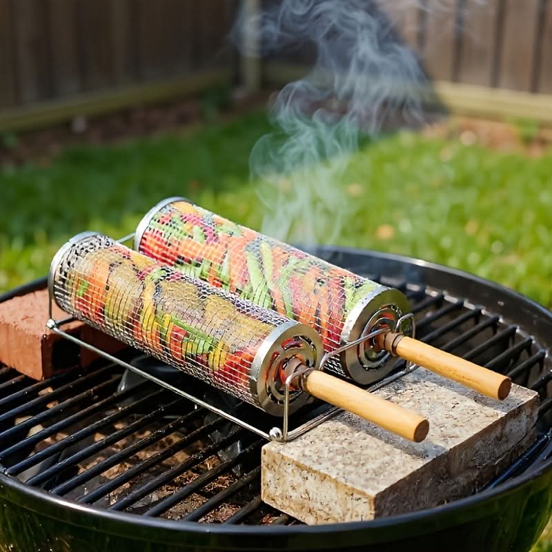 Stainless Steel Rolling Grill Basket with Detachable Handle | 304-Grade Steel | Even-Cook Rotating Design for BBQ