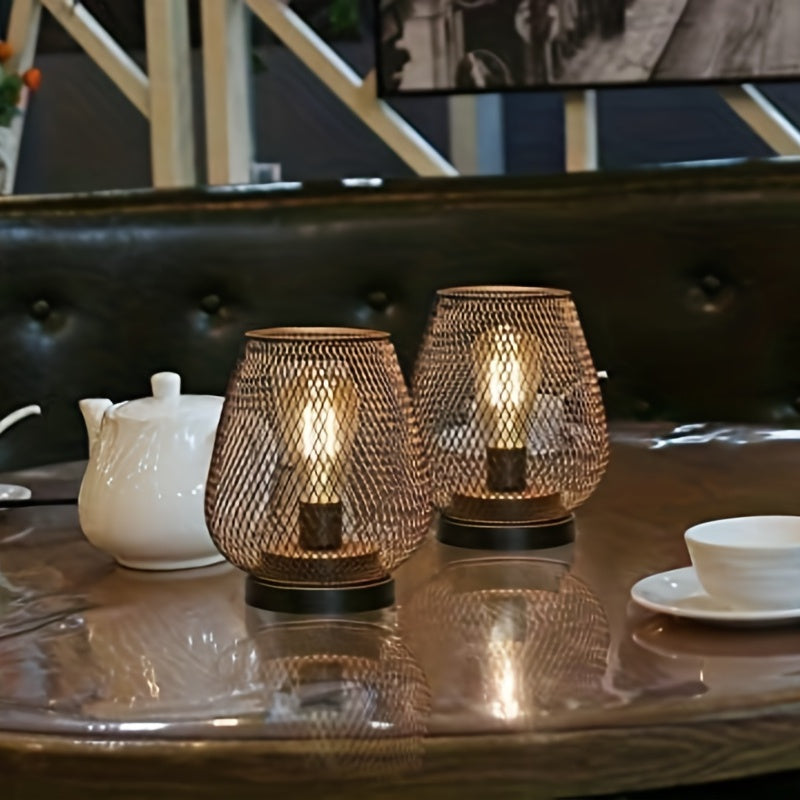 Metal Cage Table Lanterns, Set of 2 | Warm Night Light Glow for the Living Room or Terrace | Matte Black