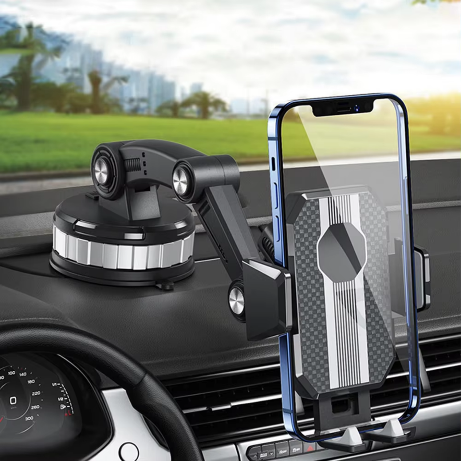 Universal Car Phone Mount with 360° Rotation | ABS and Silicone Grip | Strong Suction for Dashboard or Windshield