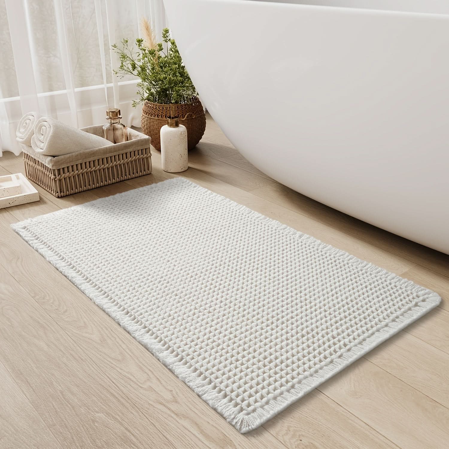 AbsorbEase | Waffle Bath Mat with Fringes - Quick-Dry & Non-Slip