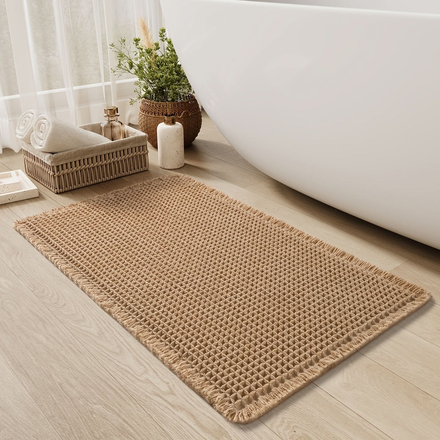 AbsorbEase | Waffle Bath Mat with Fringes - Quick-Dry & Non-Slip