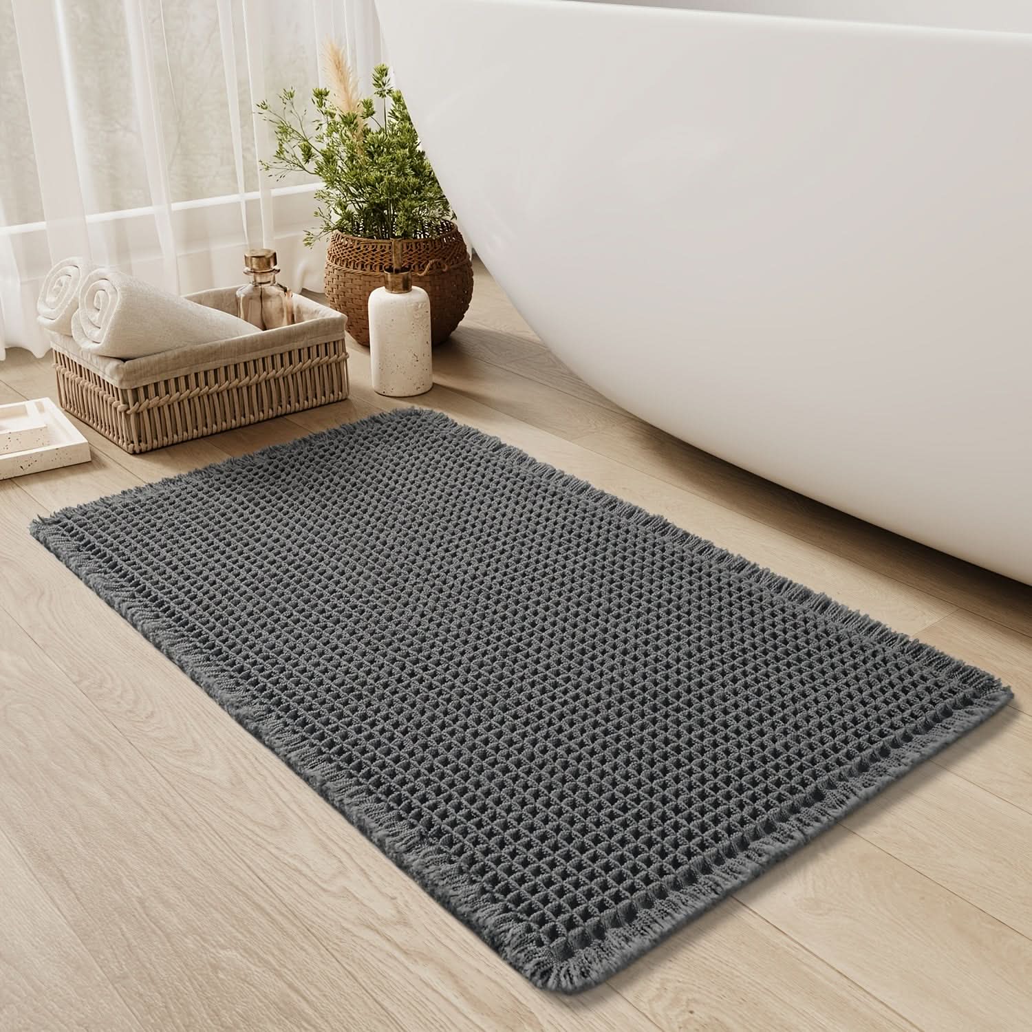 AbsorbEase | Waffle Bath Mat with Fringes - Quick-Dry & Non-Slip