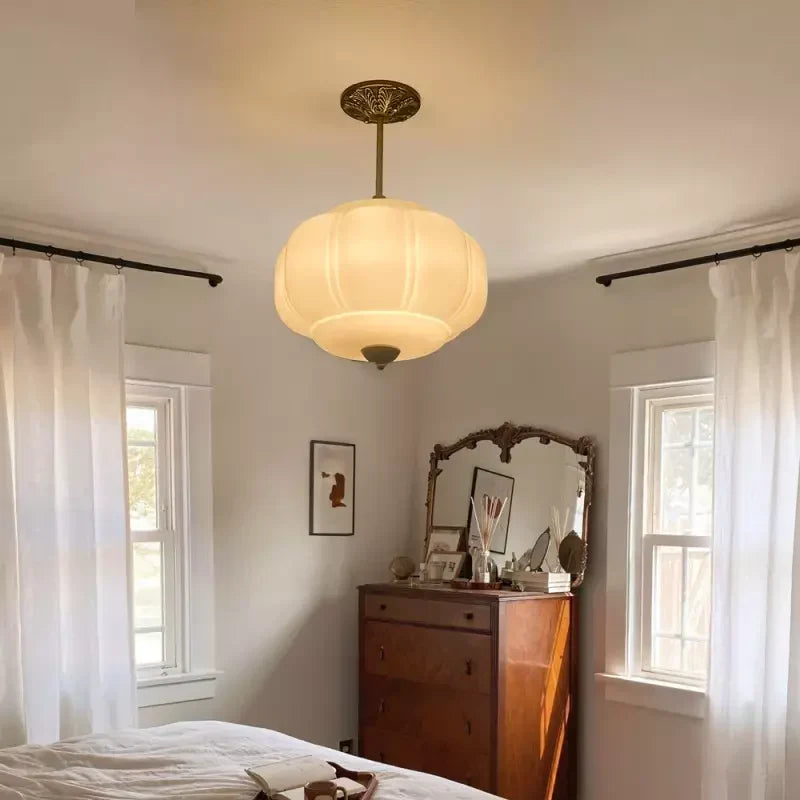 Pumpkin Glass Pendant Light Adjustable Brass