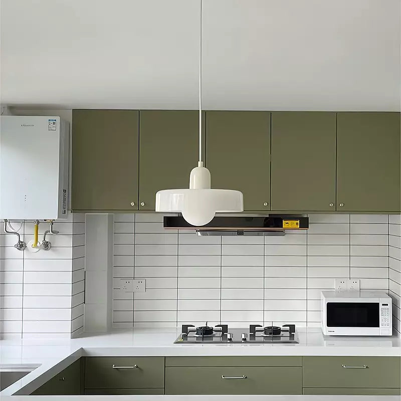 Glass Pendant Light Ceiling Fixture in Bauhaus Style | Even Glow over a Dining Table or Kitchen Island | 10 x 7 Inch