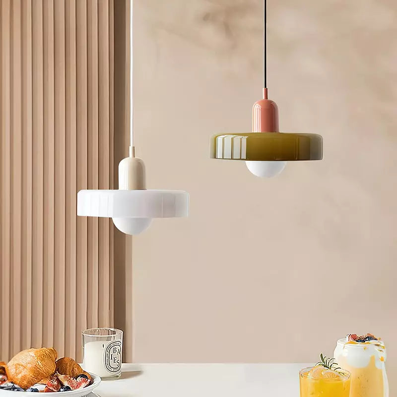 Glass Pendant Light Ceiling Fixture in Bauhaus Style | Even Glow over a Dining Table or Kitchen Island | 10 x 7 Inch