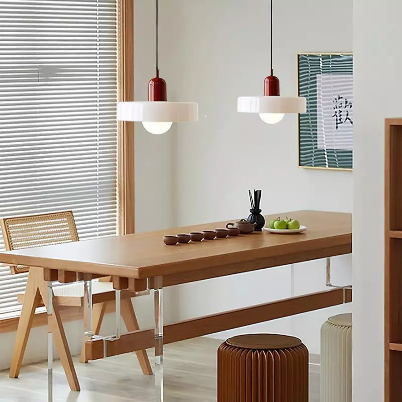 Glass Pendant Light Ceiling Fixture in Bauhaus Style | Even Glow over a Dining Table or Kitchen Island | 10 x 7 Inch