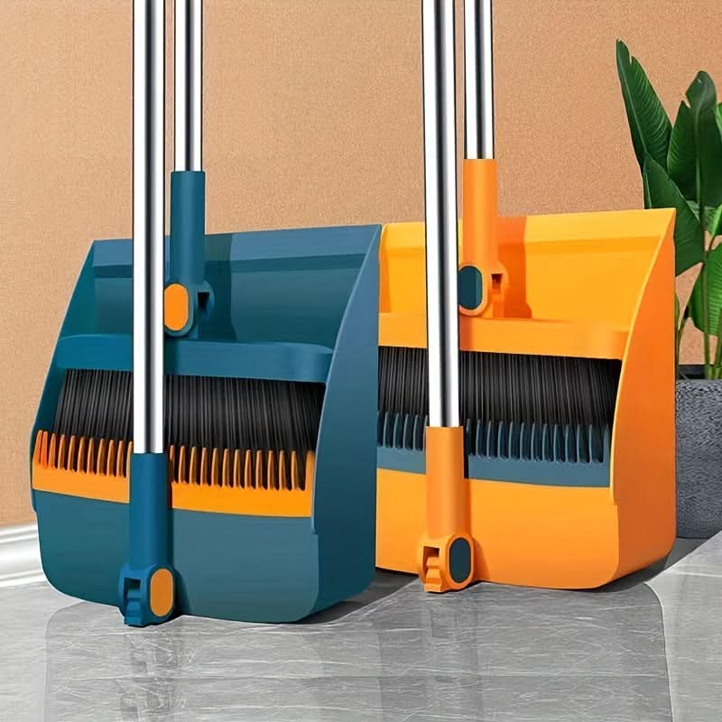 Rotatable Broom and Dustpan Cleaning Set | Built-In Comb Teeth, Long Handle | Corner-Reaching Cleaning for Hard Floors