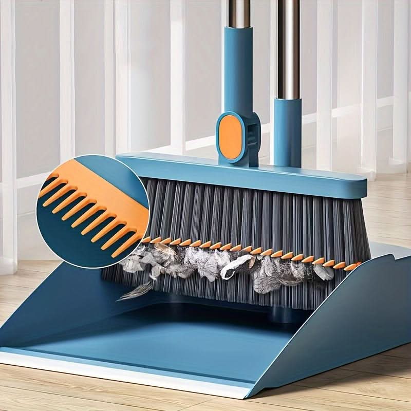Rotatable Broom and Dustpan Cleaning Set | Built-In Comb Teeth, Long Handle | Corner-Reaching Cleaning for Hard Floors