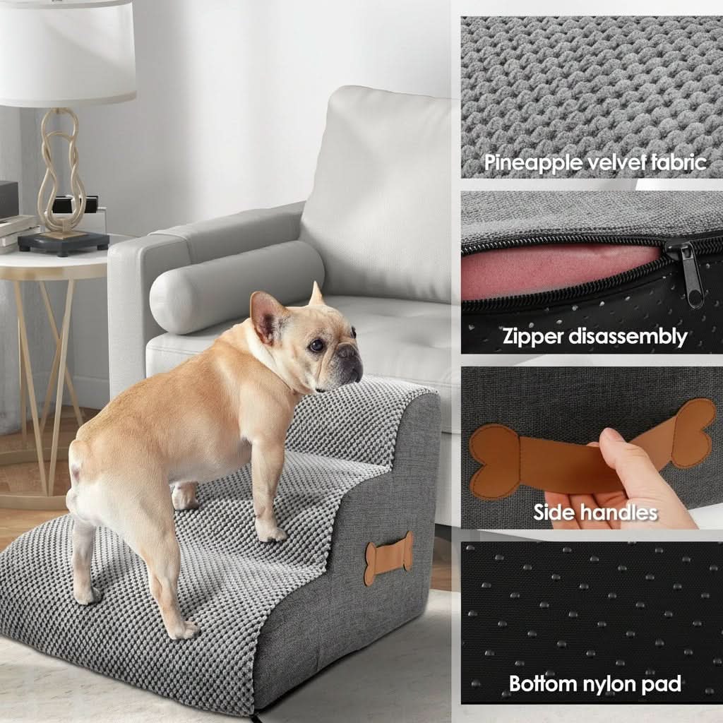 Soft Incline Pet Staircase | Foam Core with Non-Slip Base, 2 or 3-Step | Joint-Friendly Access to Beds and Sofas