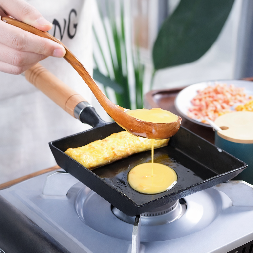 Japanese Cast Iron Frying Pan for Tamagoyaki | Square Base with a Wooden Handle | Natural Surface, No Chemical Coating