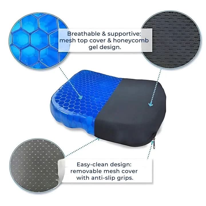 Orthopedic Memory Foam Gel Seat Cushion 17.7x15.7 In | Cooling Non-Slip Base | Tailbone & Lumbar Support up to 331 Lbs