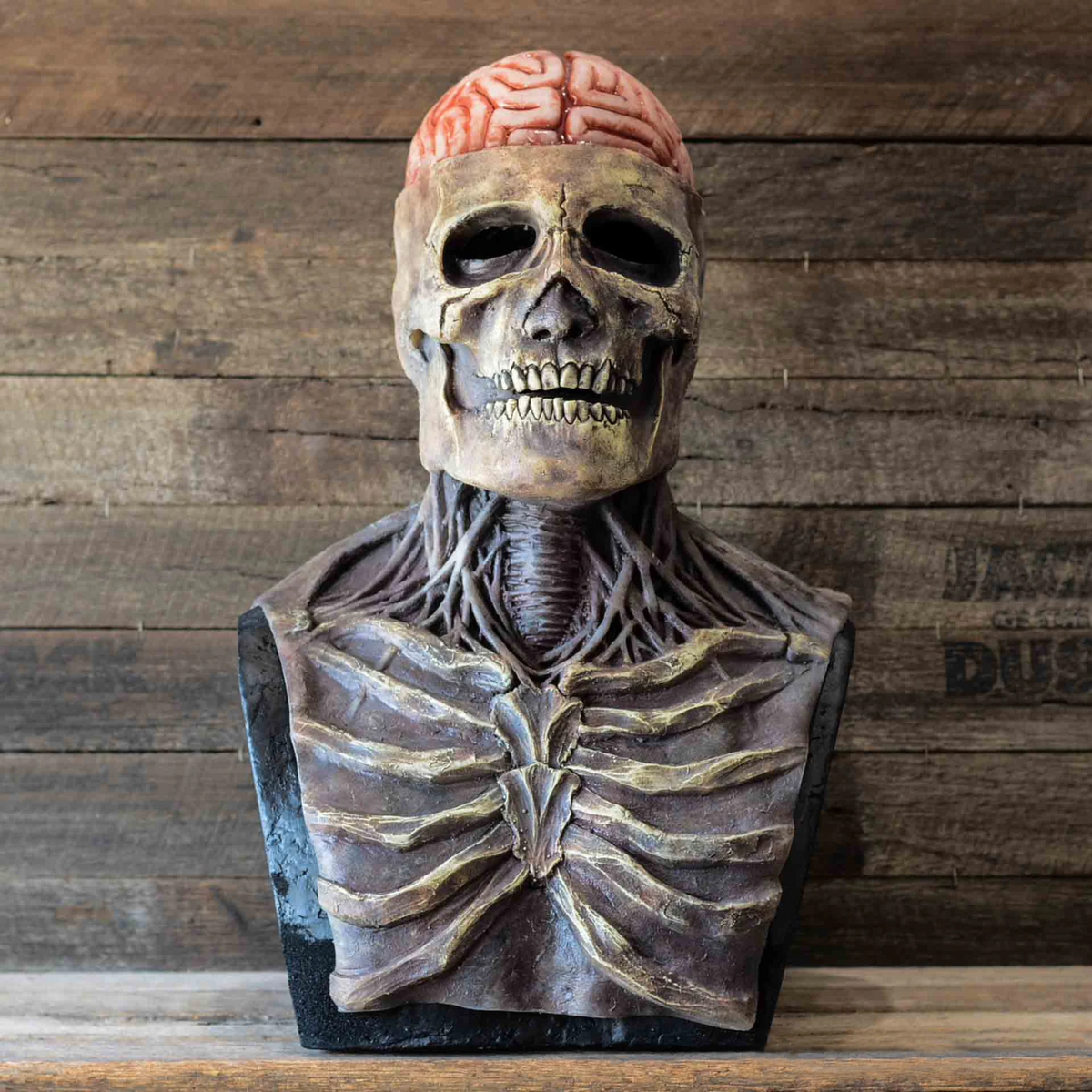 Skeleton skull mask shown against a dark Halloween background