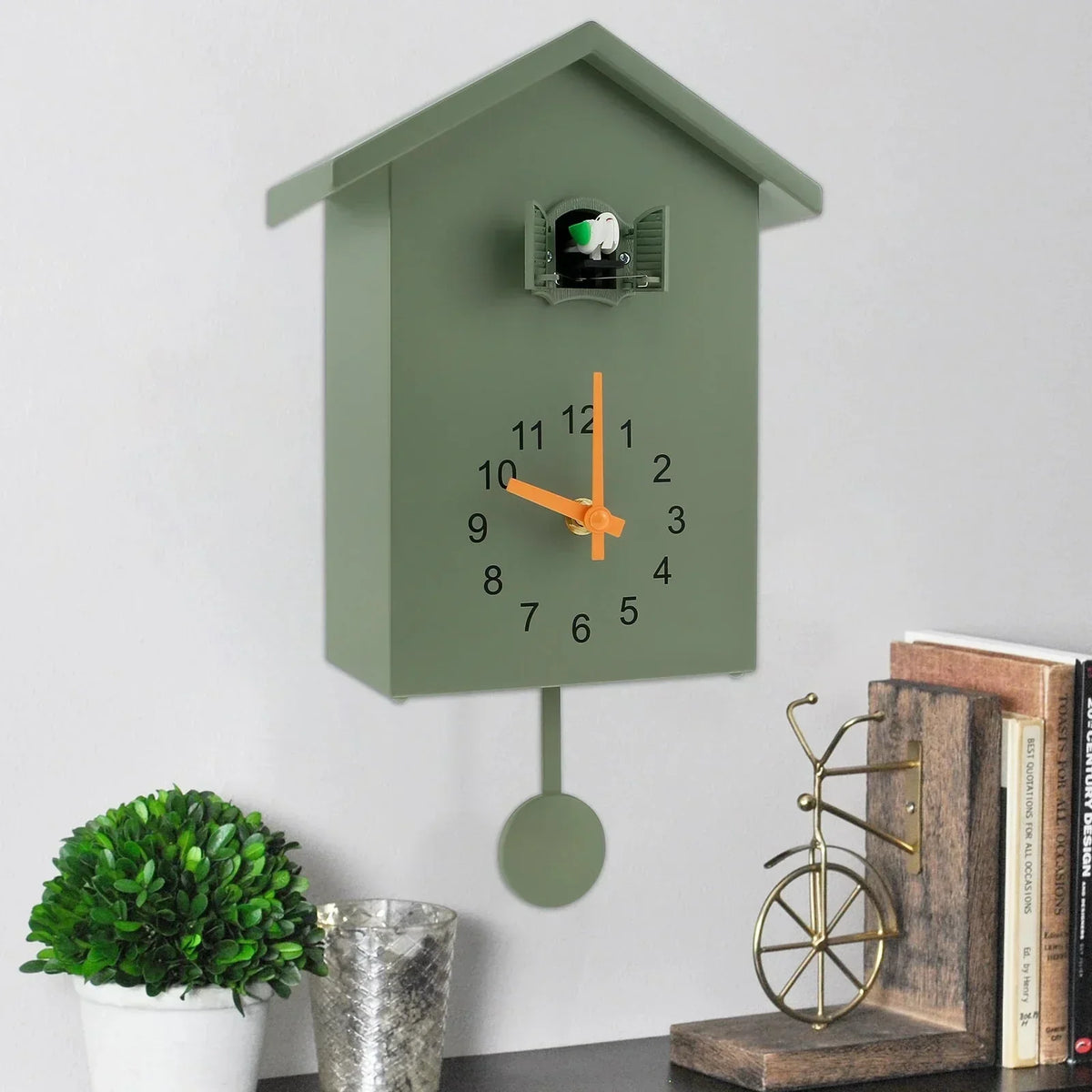 Cuckoo Wall Clock with a Swinging Pendulum and Bird Door | Plain Molded Plastic Case, 9.8 x 7.9 in | Green or White