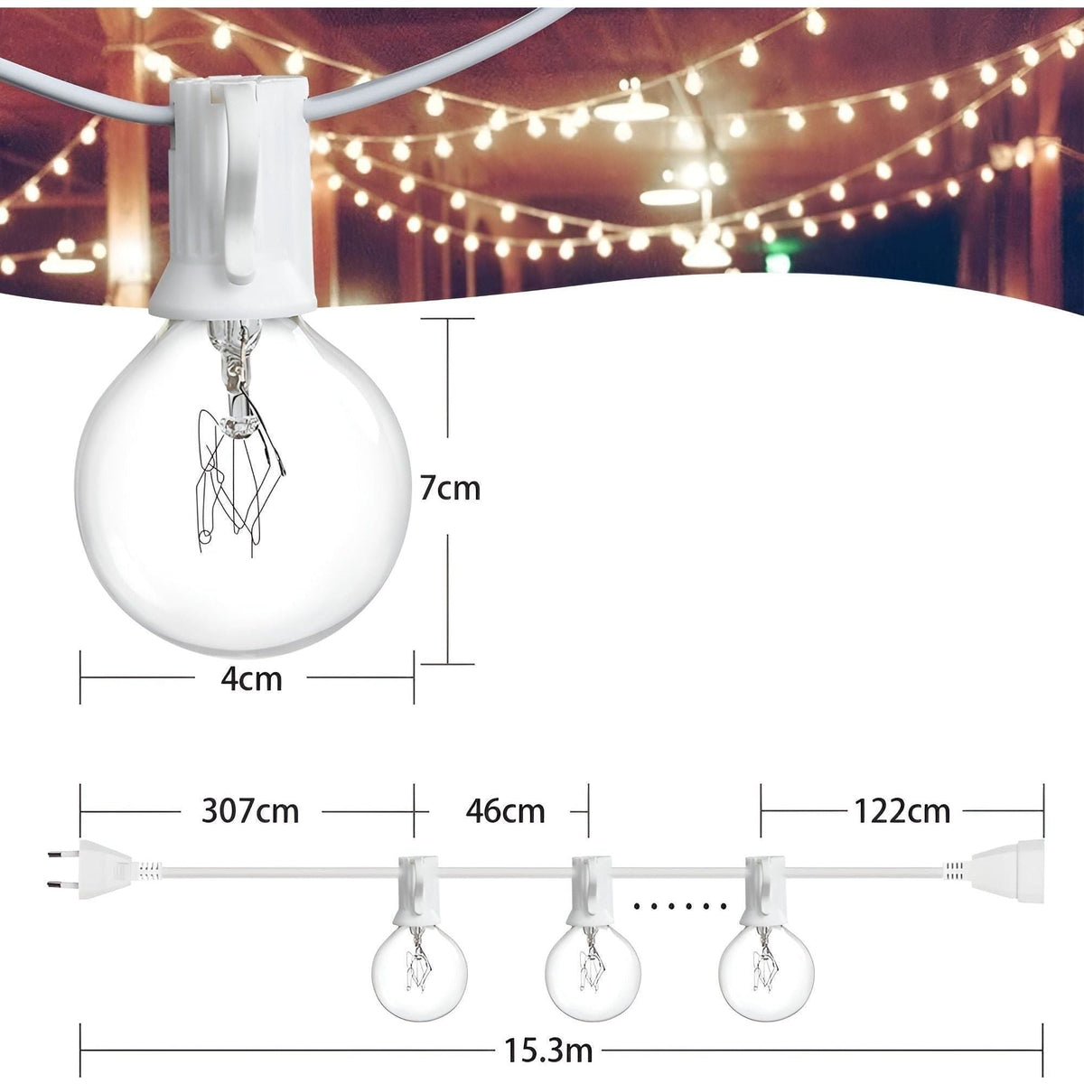 Outdoor Christmas Lights with Warm White Globe Bulbs | Garden, Patio and Party String Lighting | 15 or 30 Meter