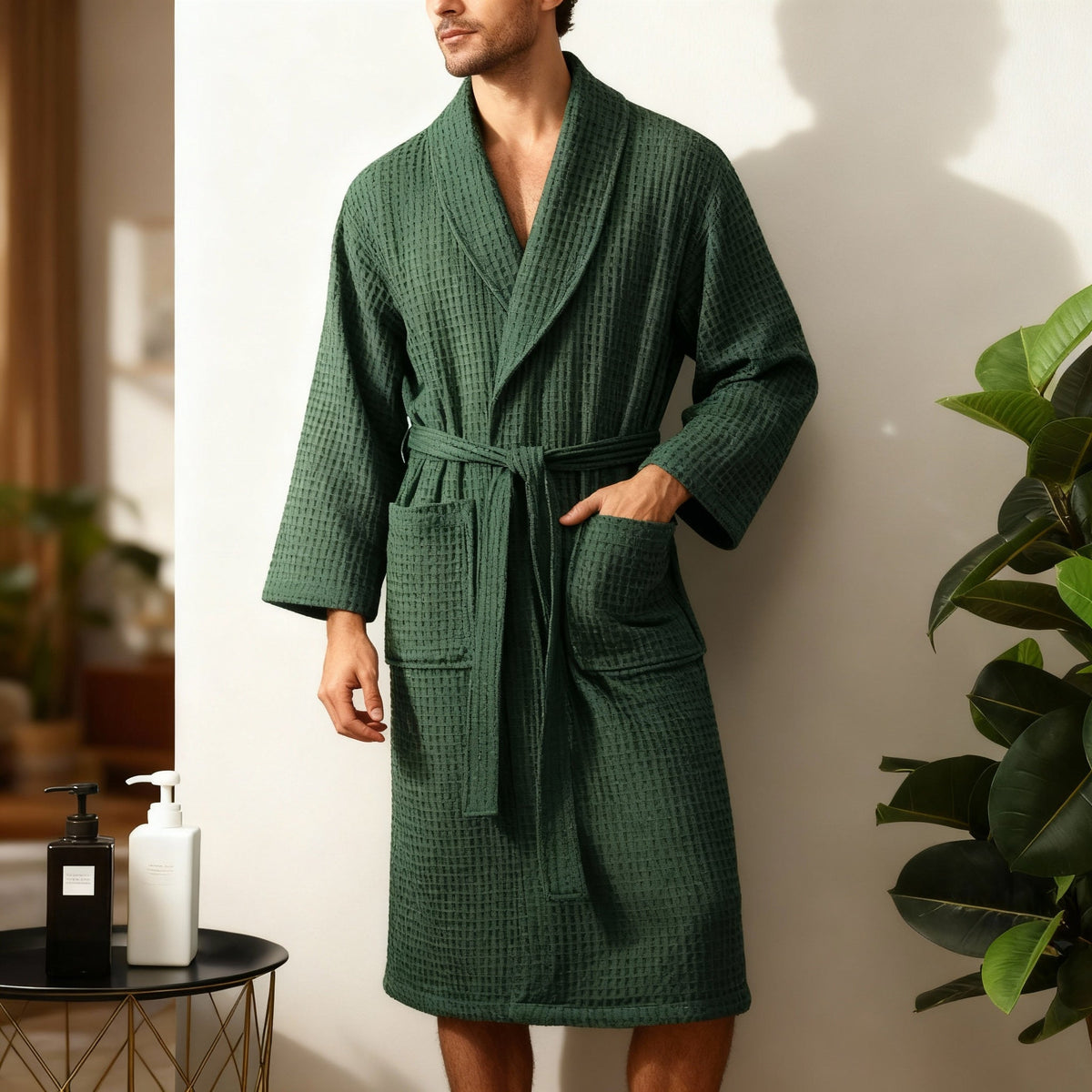 Cotton Bath Robe for Men and Women with Pockets and a Tie Belt | Loose Classic Cut, Shawl Collar | Machine Washable