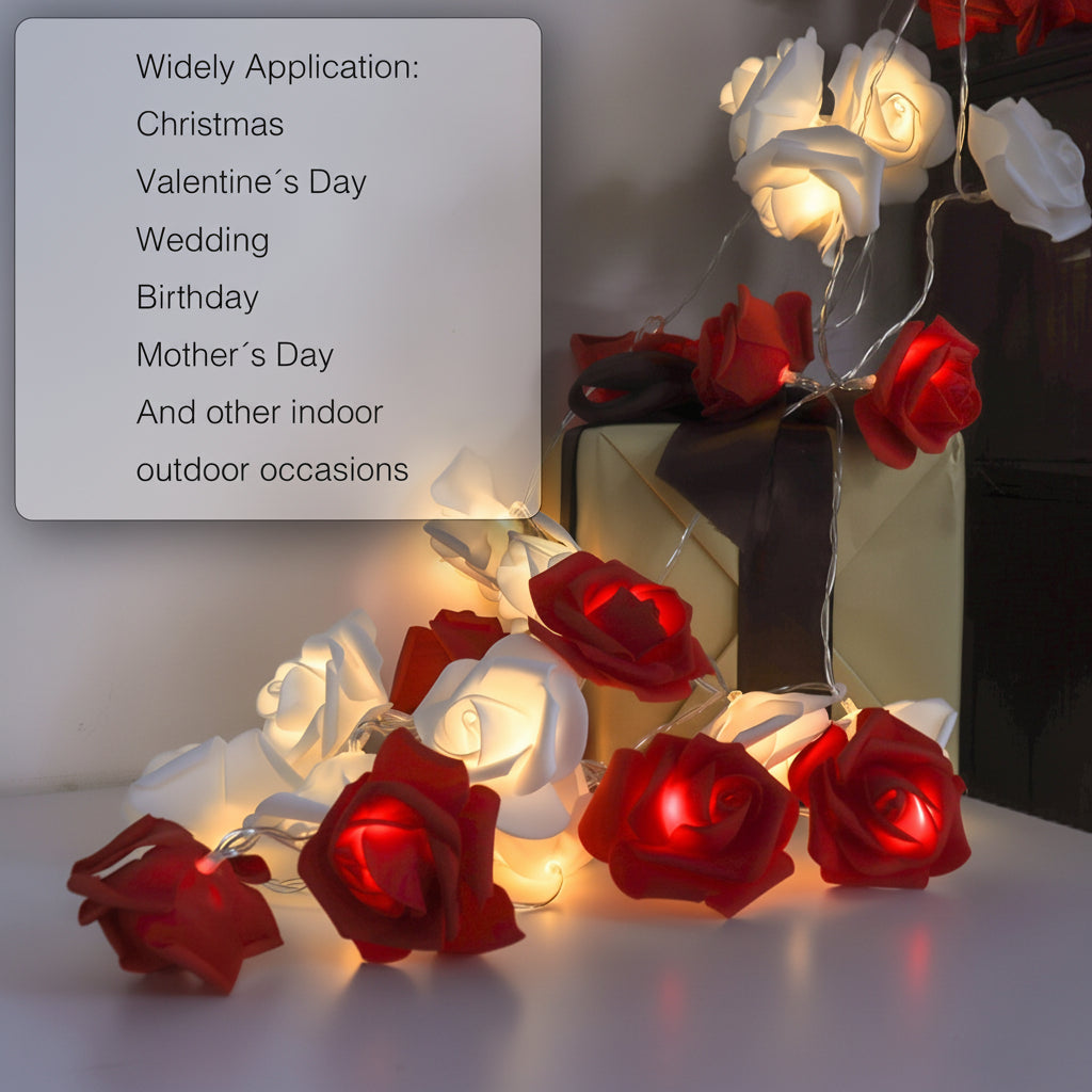 Close-up of a synthetic blossom on the twinkling LED light strand