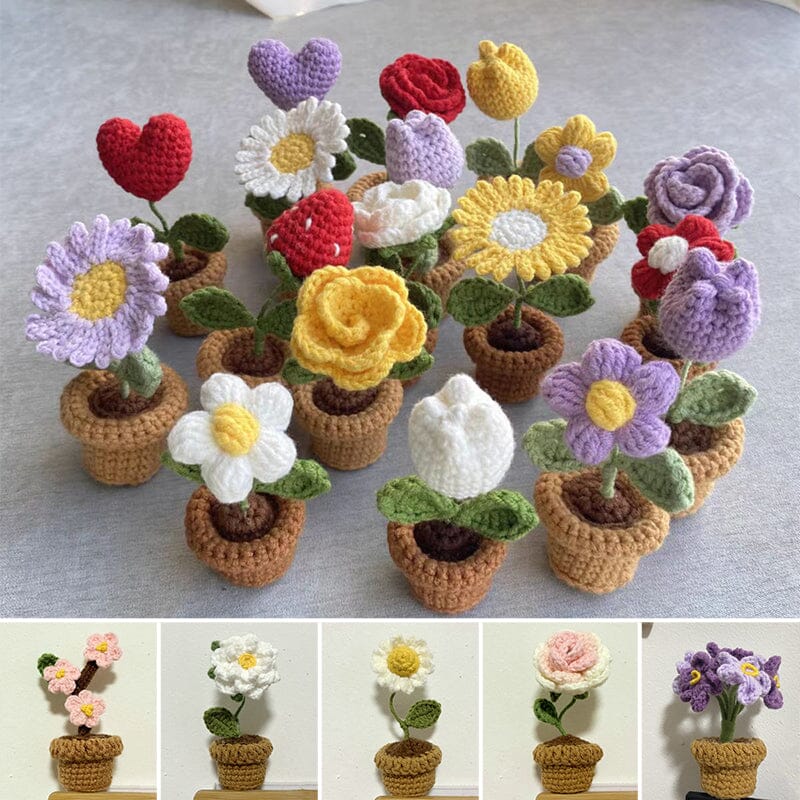 Hand Knitted Artificial Flowers in Their Own Little Pot | Desk, Shelf and Windowsill Decor That Never Wilts | Thirteen Styles