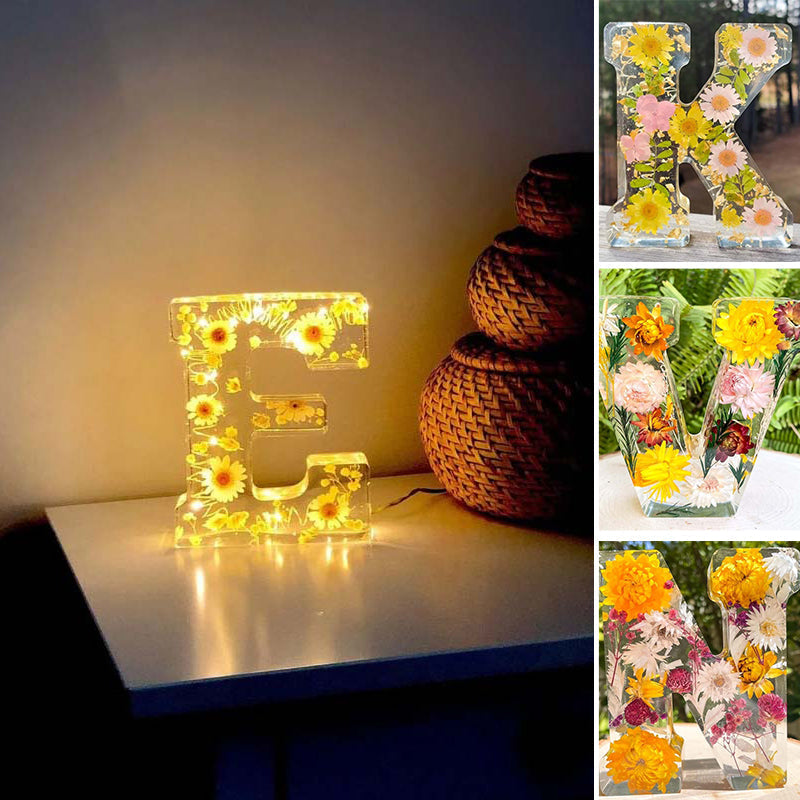 Dried Flower Letter Night Light in Clear Resin | Soft Warm LED Glow for a Bedroom or Living Room | Twenty Five Letters