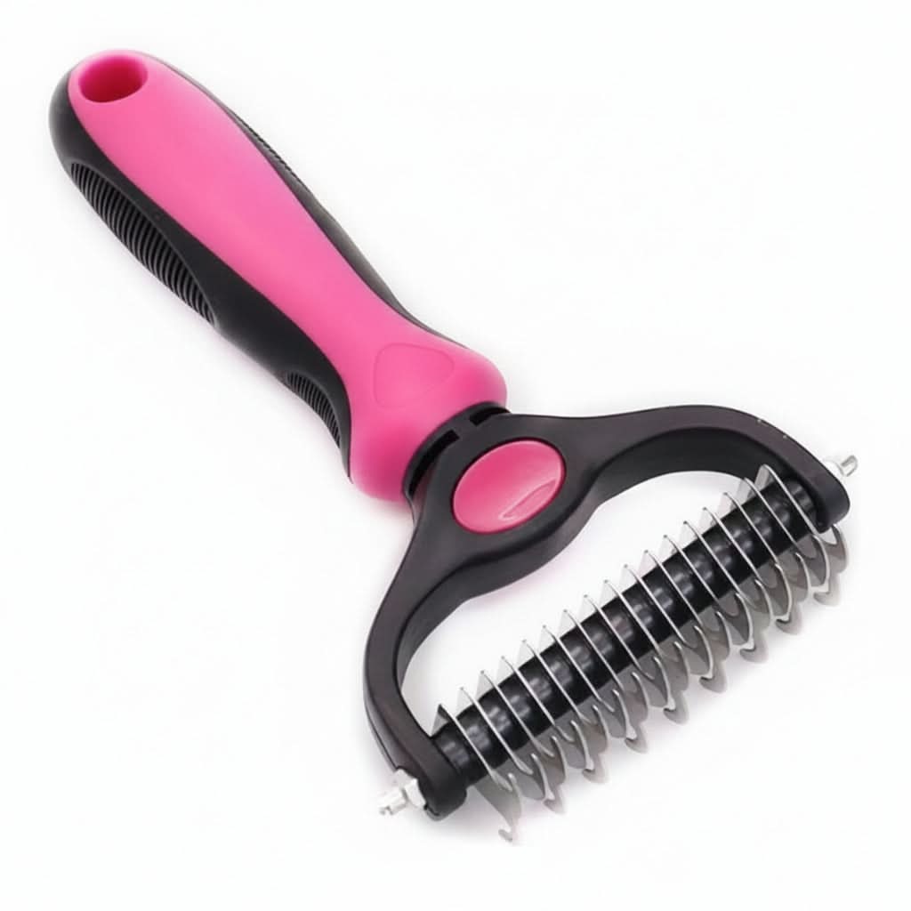 Dual-Sided Deshedding Brush Stainless Steel Teeth | Pink & Blue, M/L | Ergonomic Grooming Tool for Dogs & Cats