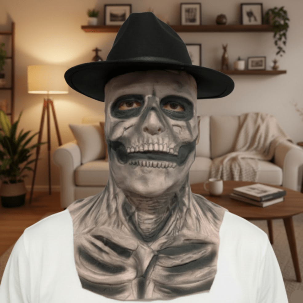 Skull mask with cracked bone texture and dark hat