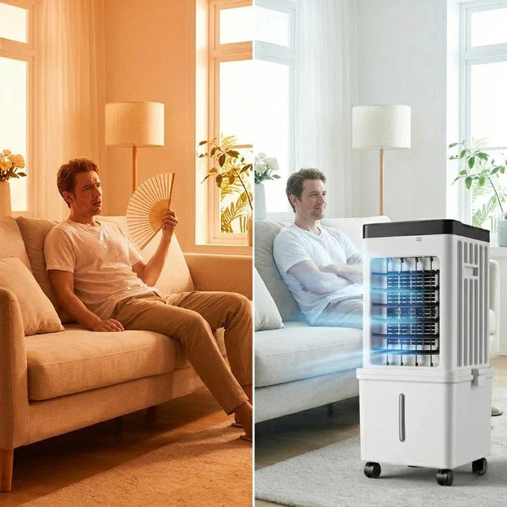 3-in-1 Mobile Air Cooler with Fan & Humidifier | No Exhaust Hose, Rolling Wheels | Ice-Compatible Water Tank