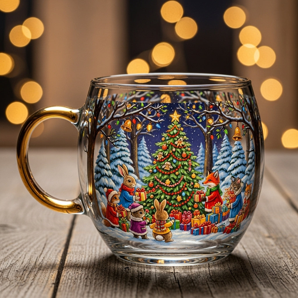 Holiday glass mug with Christmas tree design filled with a hot drink