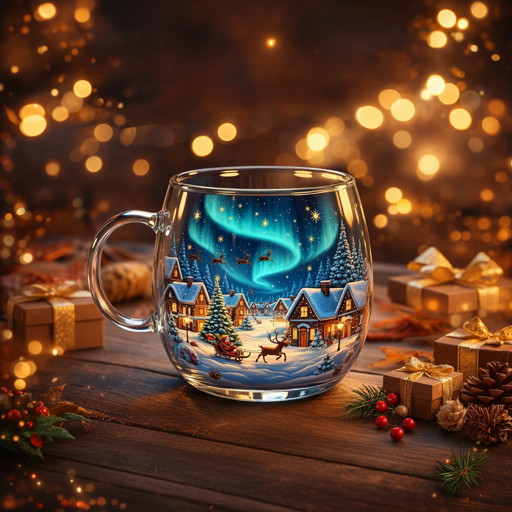 Full range of winter themed glass mugs shown side by side