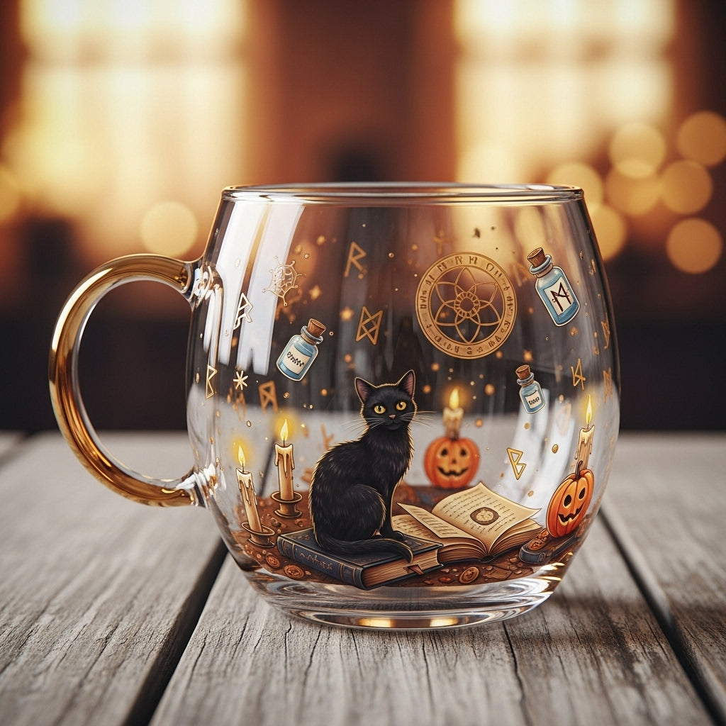 Glass mug with Halloween black cat design and shaped handle