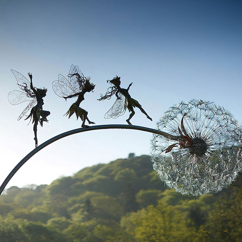 Fairy and Dandelion Garden Statue in Laser Cut Metal | Outdoor Lawn Stake Built to Stay Out All Year | Seven Designs