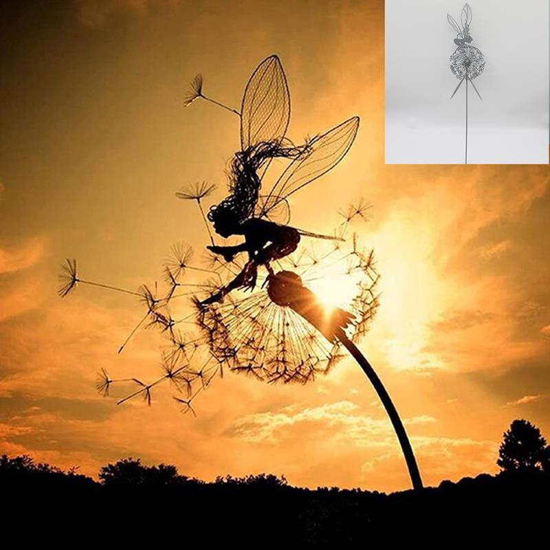 Fairy and Dandelion Garden Statue in Laser Cut Metal | Outdoor Lawn Stake Built to Stay Out All Year | Seven Designs