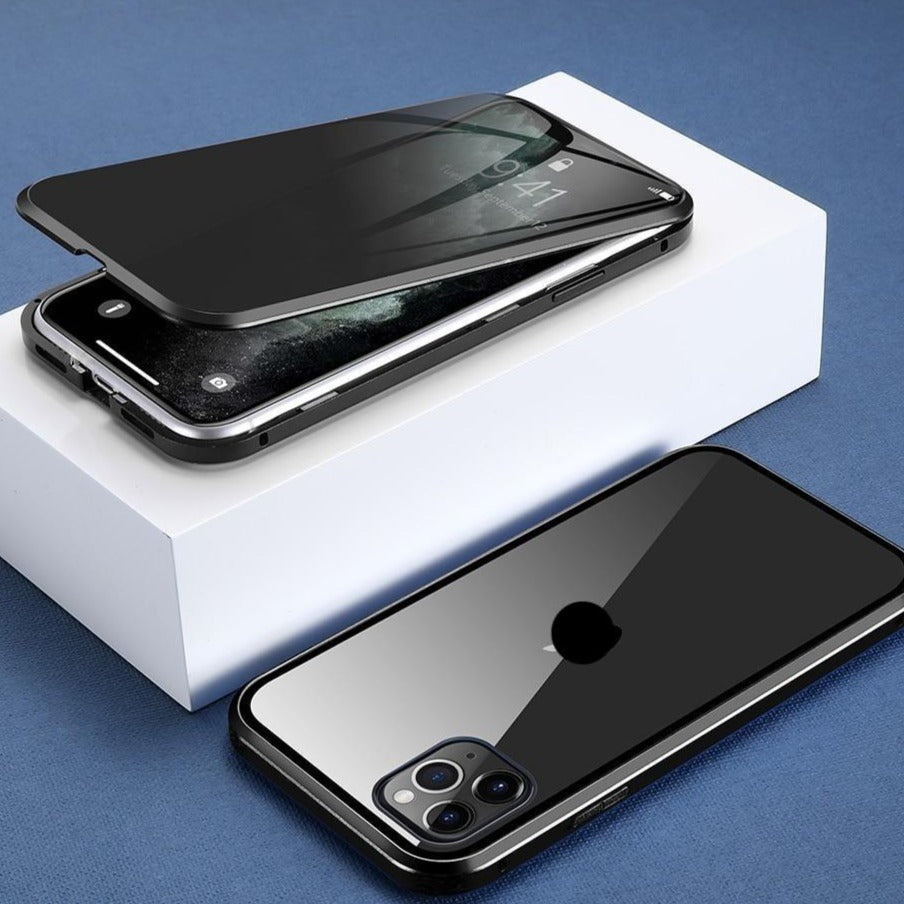 Privacy Phone Case for iPhone XS Max and Newer | Magnetic Metal Frame with Tempered Glass Front and Back | Five Color Finishes