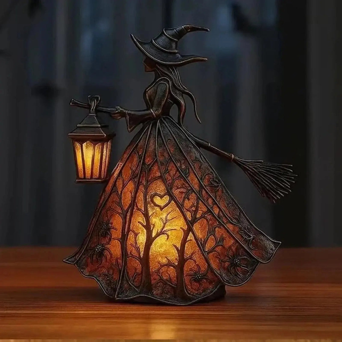Halloween witch lantern displayed on a mantel
