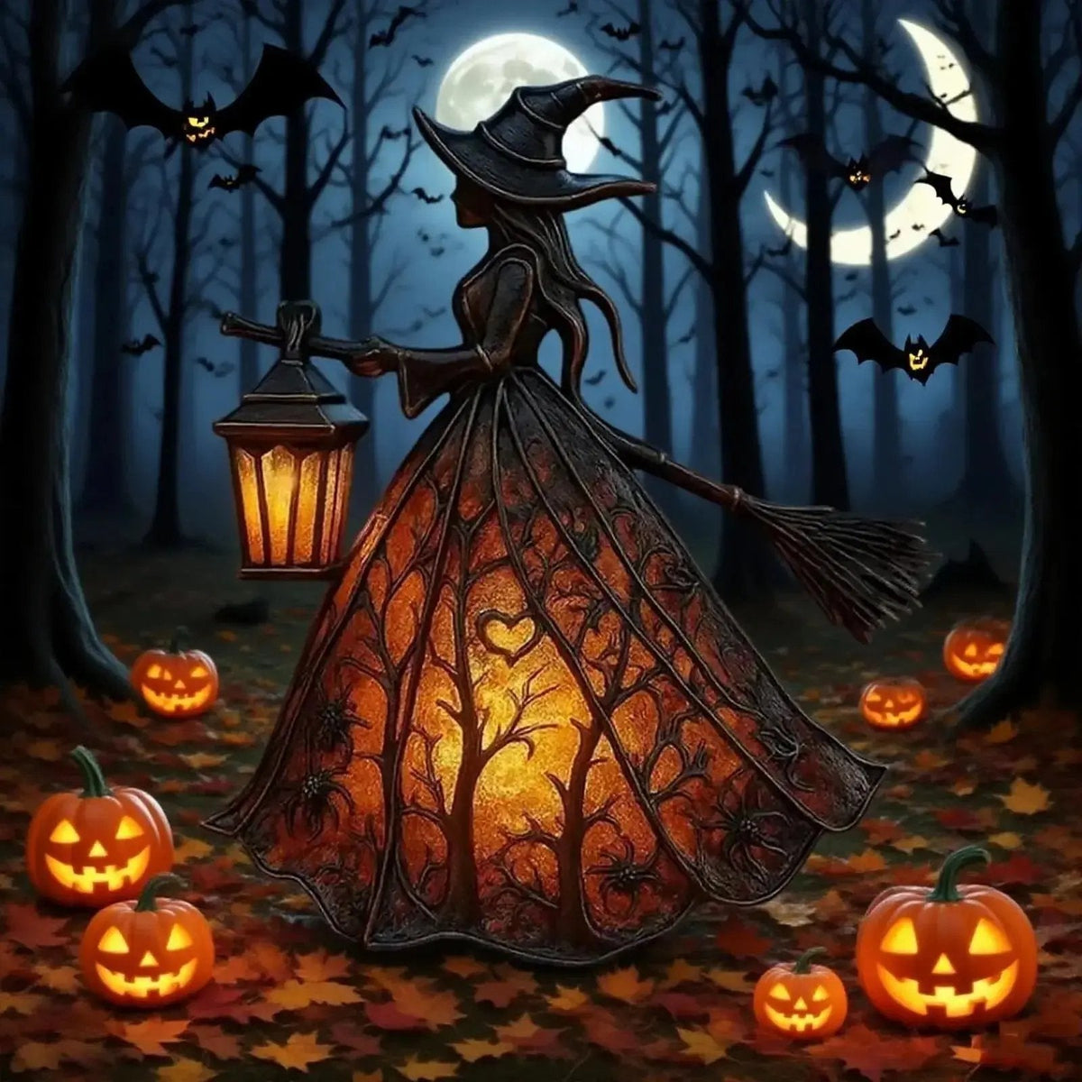 Witch lantern glowing on a window ledge for Halloween