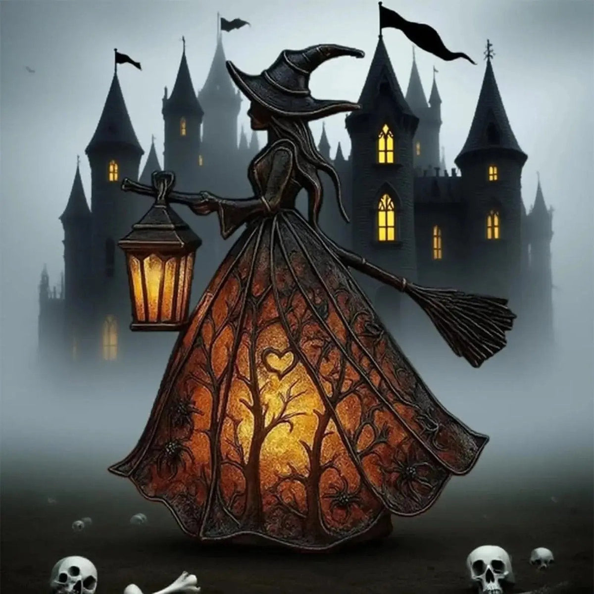 Witch figurine lantern as a Halloween party centerpiece