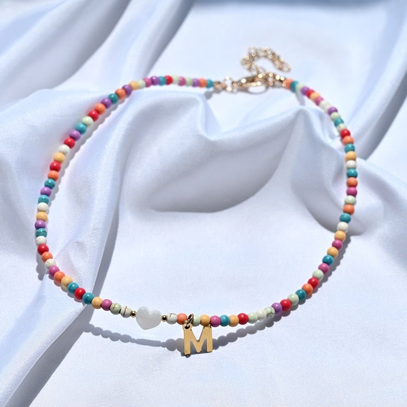 Beaded Initial Necklace with Stainless Steel Letter Pendant | White Heart Charm on Colorful Beads | 25 Letters to Pick