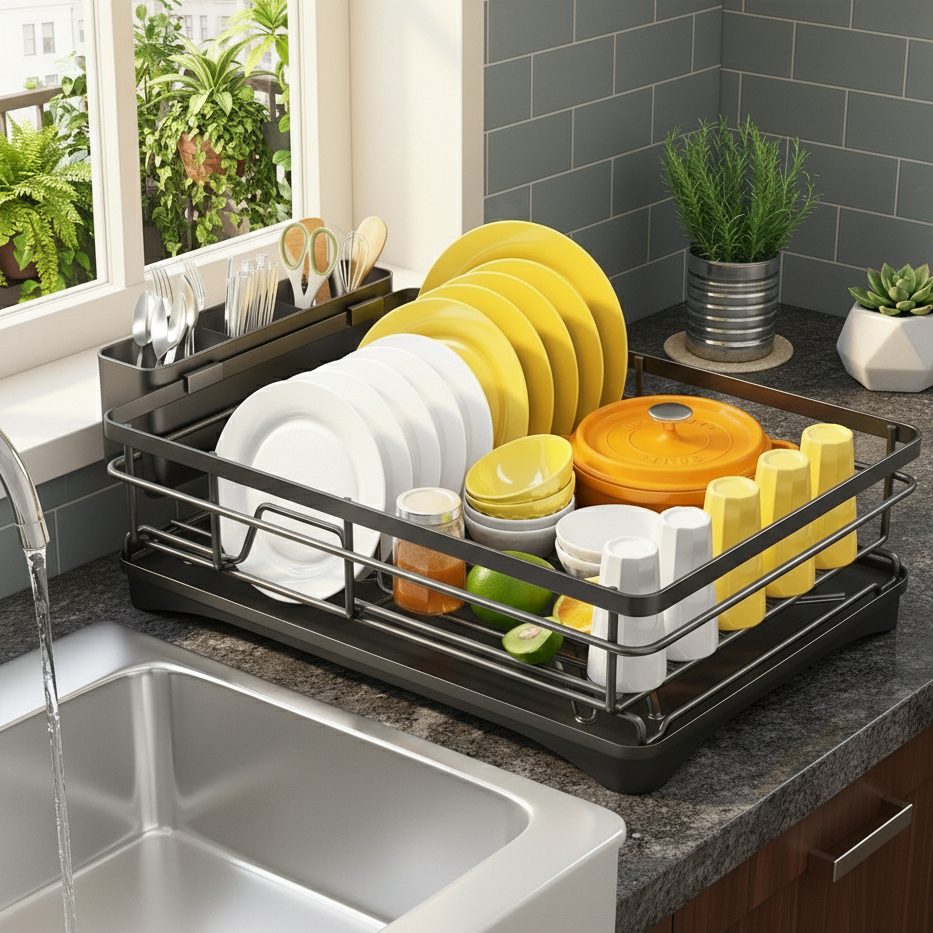 Stainless Steel Dish Rack with Drainboard & Cutlery Holder | Standard or Premium | Rust-Resistant Kitchen Organizer