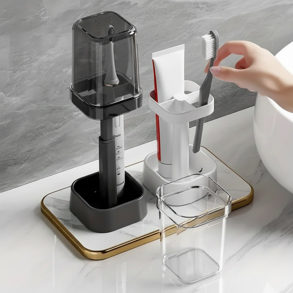 Toothbrush Holder with Dust Lid in Food-Grade Plastic | Bathroom Counter Organizer for Floss and Toothpaste | 4 Colors