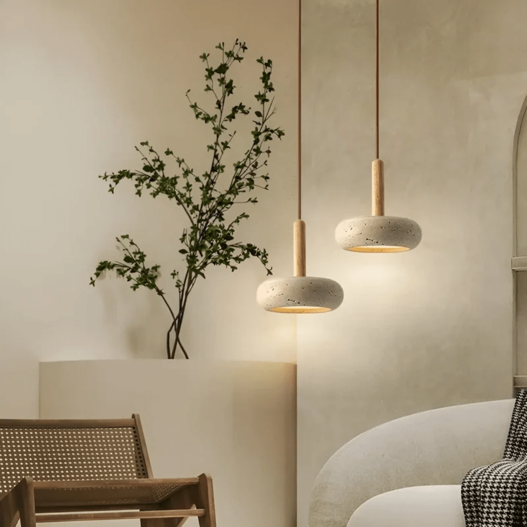 TRANQUILHALO - Retro LED ceiling light made of wood and stone for a calm atmosphere product image