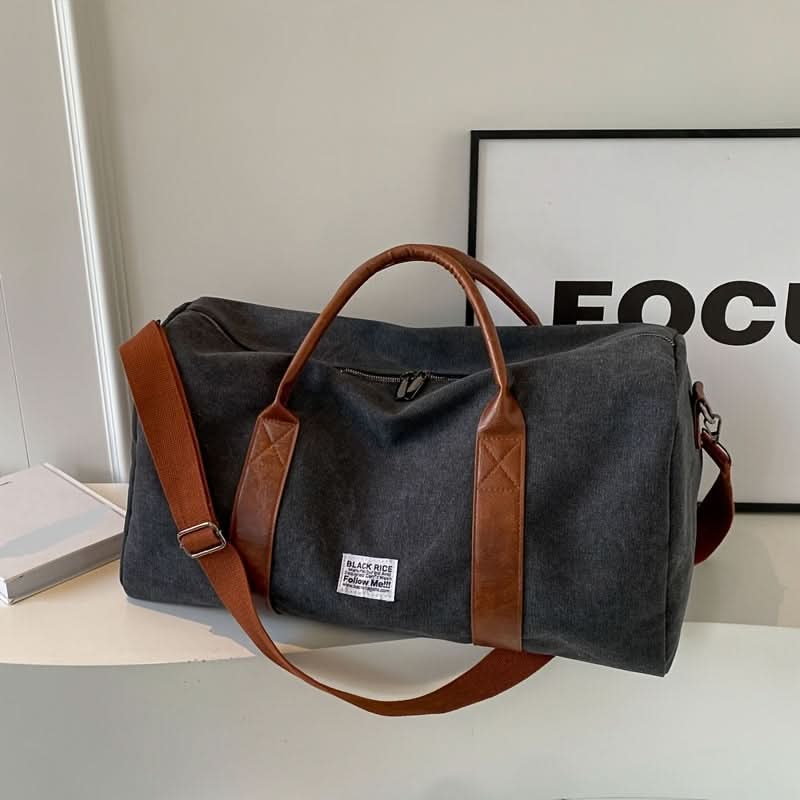 Washed Canvas Duffel Bag with Leather Accents | Black, Green, or Khaki | Spacious Multi-Pocket Carry for Travel and Gym