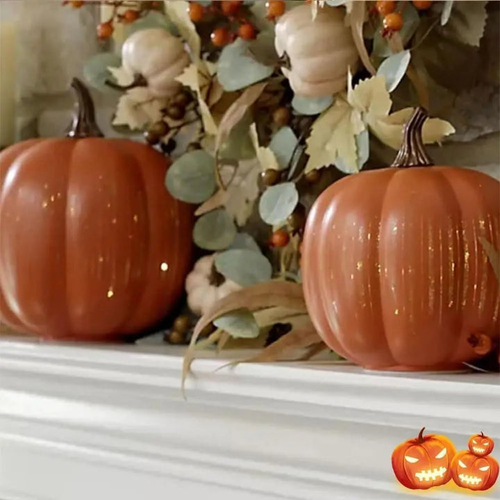 Close-up of the shimmering striped surface on the LED pumpkin lantern